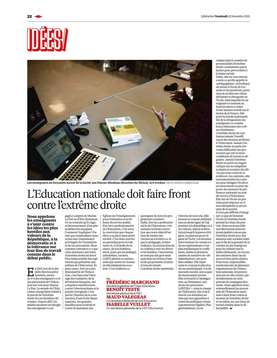 Tribune intersyndicale, Libération du Vendredi 12 Novembre 2021