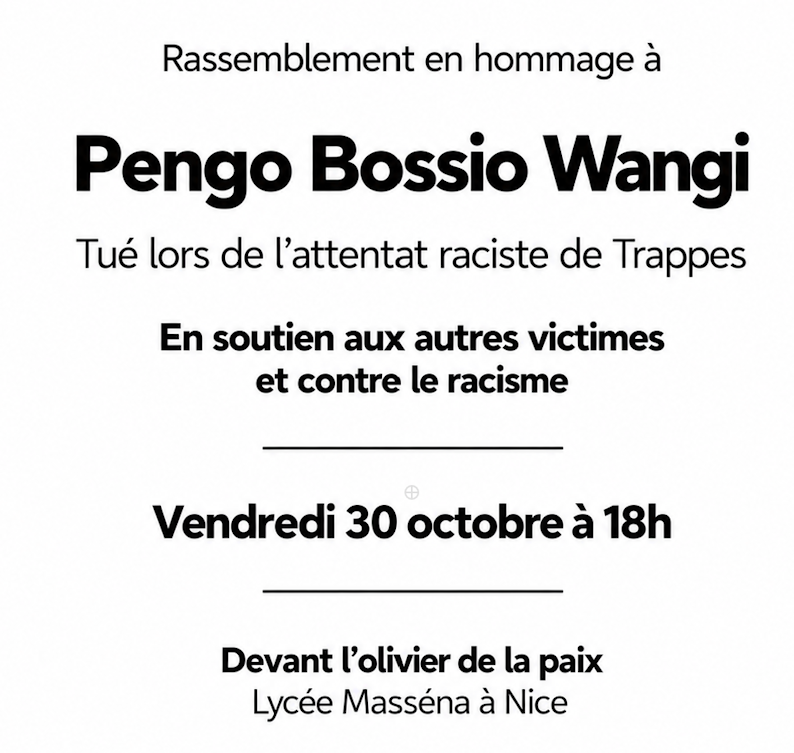 Rassemblement en hommage à Pengo Bossio Wangi 30 octobre 18h Olivier de la paix Lycée Masseba